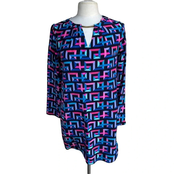AMANDA UPRICHARD Women’s Size S Black Geometric Key-hole Long Sleeve Silk Tunic - Picture 1 of 2